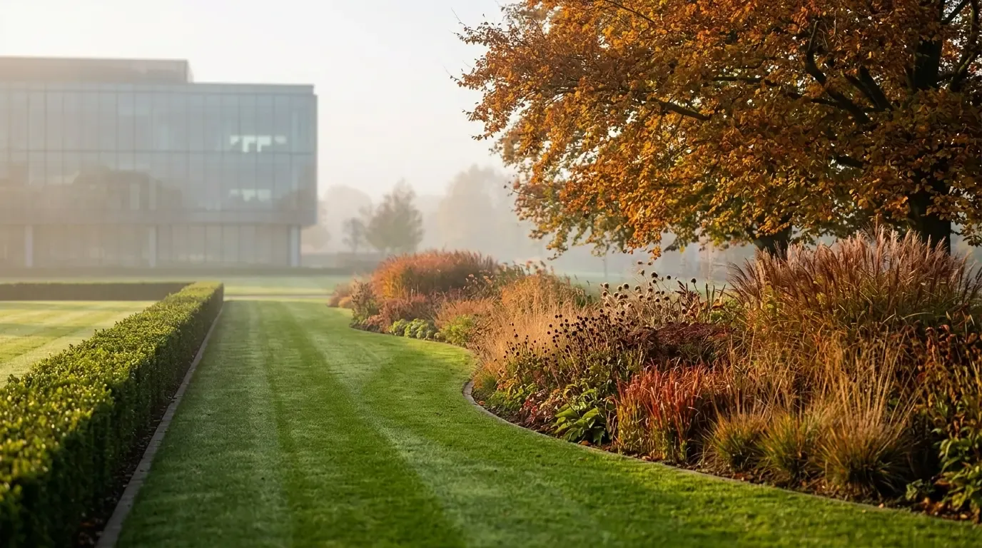 Autumn foliage and cleared, tidy grounds on a managed commercial property with warm seasonal color in the beds